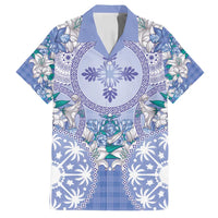 Hawaii Violet Palaka Family Matching Off Shoulder Short Dress and Hawaiian Shirt With Tapa Pattern Tropical Flowers LT05 Dad's Shirt - Short Sleeve Violet - Polynesian Pride