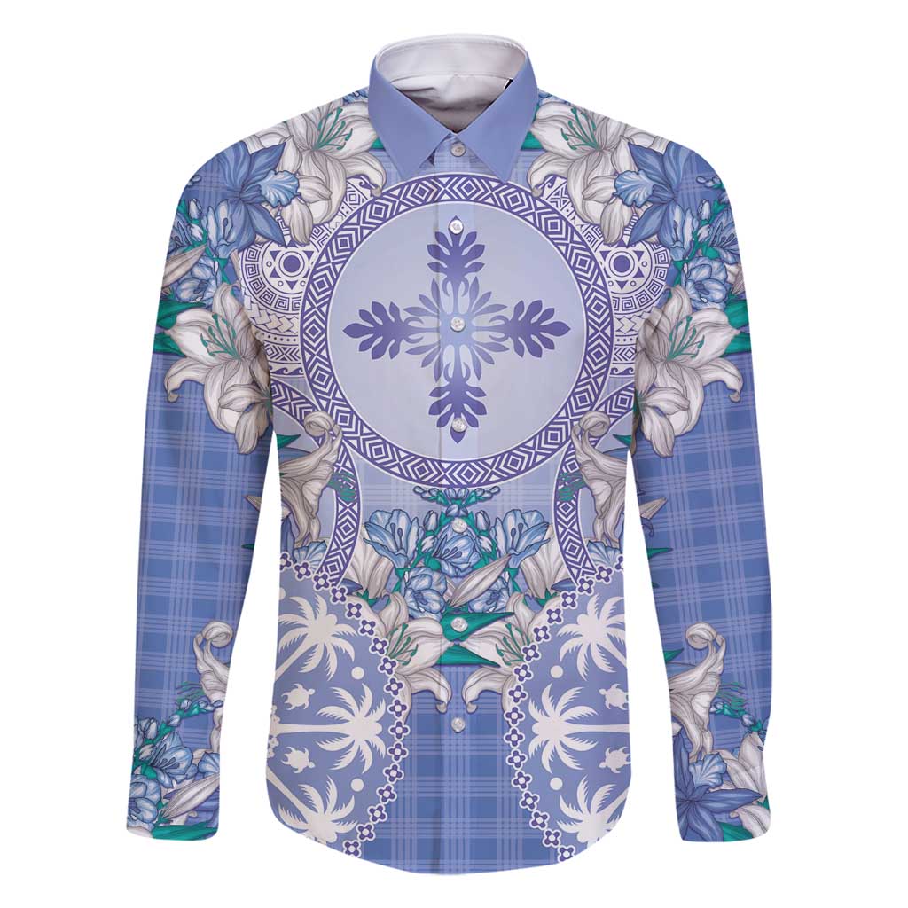 Hawaii Violet Palaka Family Matching Off Shoulder Short Dress and Hawaiian Shirt With Tapa Pattern Tropical Flowers LT05 Dad's Shirt - Long Sleeve Violet - Polynesian Pride