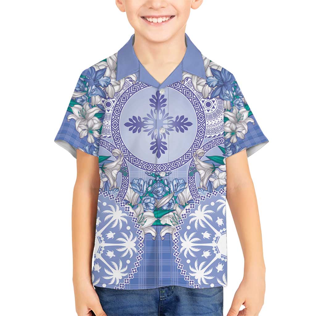 Hawaii Violet Palaka Family Matching Off Shoulder Short Dress and Hawaiian Shirt With Tapa Pattern Tropical Flowers LT05 Son's Shirt Violet - Polynesian Pride