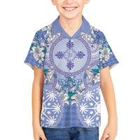 Hawaii Violet Palaka Family Matching Off Shoulder Short Dress and Hawaiian Shirt With Tapa Pattern Tropical Flowers LT05 Son's Shirt Violet - Polynesian Pride