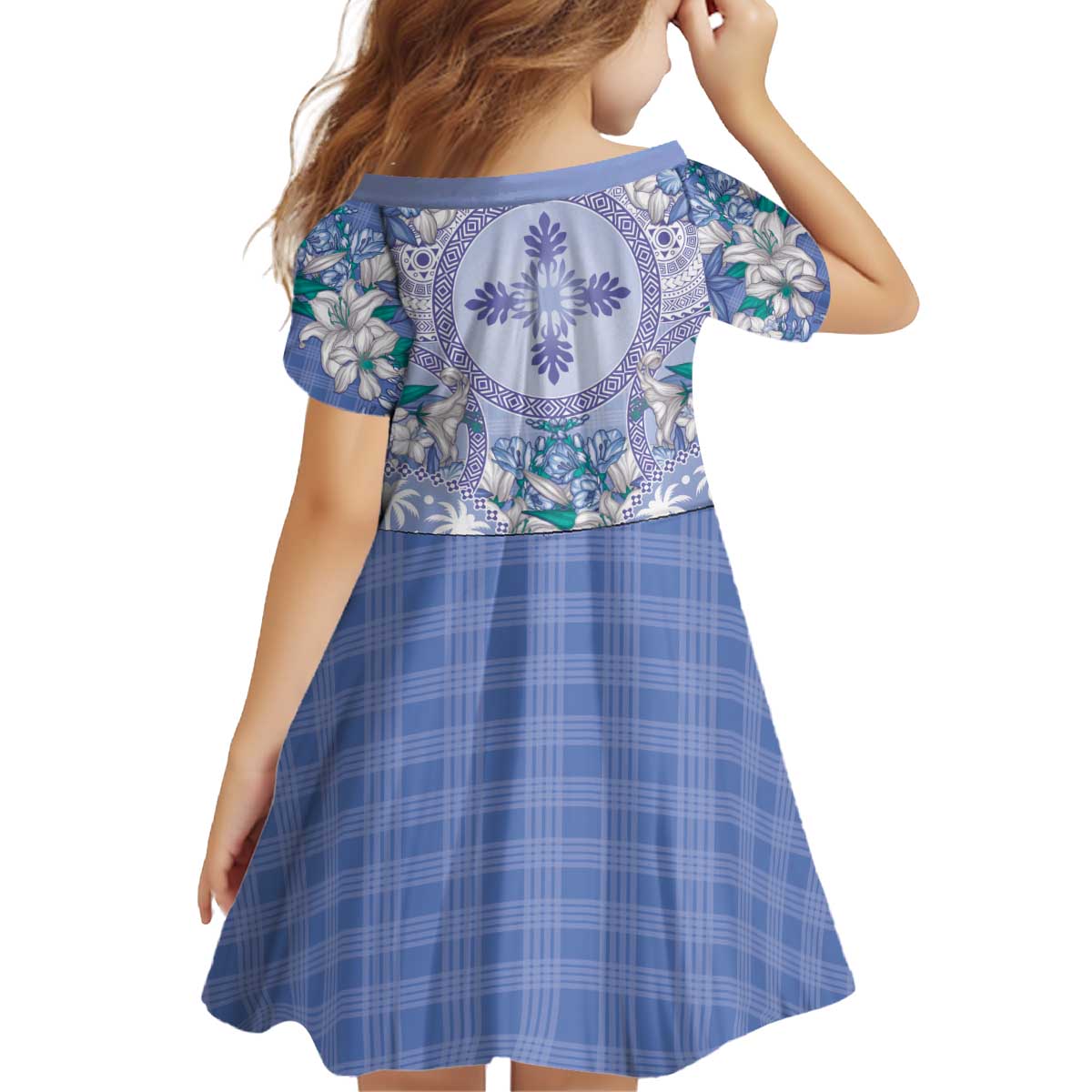 Hawaii Violet Palaka Kid Short Sleeve Dress With Tapa Pattern Tropical Flowers - Polynesian Pride
