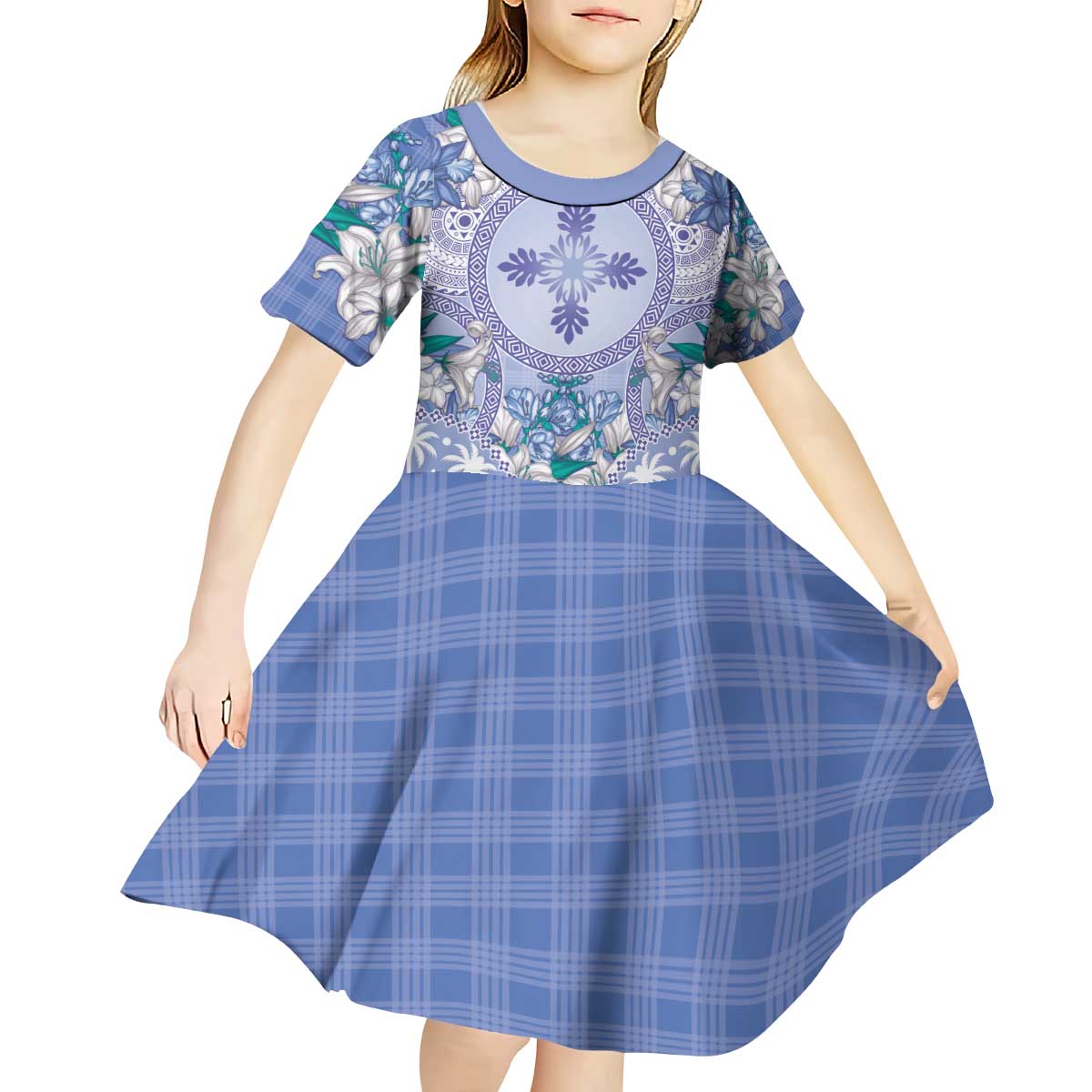 Hawaii Violet Palaka Kid Short Sleeve Dress With Tapa Pattern Tropical Flowers - Polynesian Pride