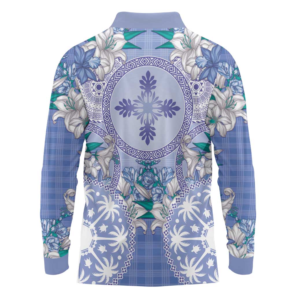 Hawaii Violet Palaka Long Sleeve Polo Shirt With Tapa Pattern Tropical Flowers - Polynesian Pride