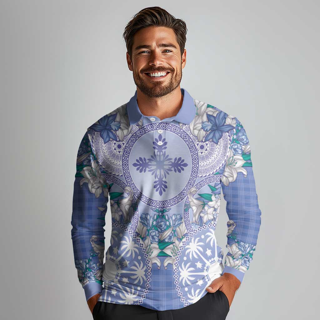 Hawaii Violet Palaka Long Sleeve Polo Shirt With Tapa Pattern Tropical Flowers - Polynesian Pride