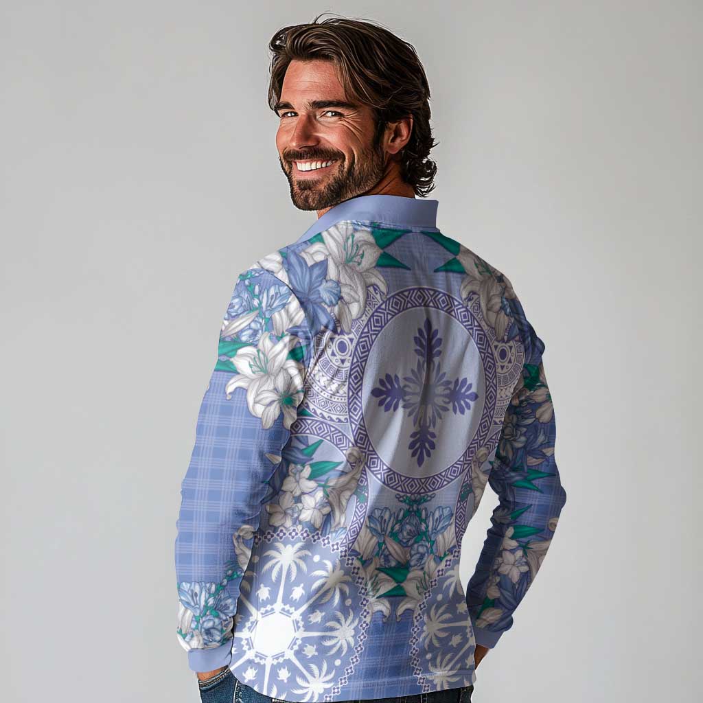Hawaii Violet Palaka Long Sleeve Polo Shirt With Tapa Pattern Tropical Flowers - Polynesian Pride