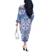 Hawaii Violet Palaka Off The Shoulder Long Sleeve Dress With Tapa Pattern Tropical Flowers - Polynesian Pride