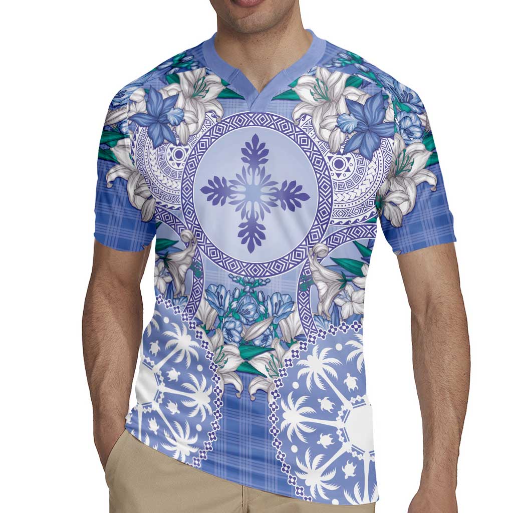Hawaii Violet Palaka Rugby Jersey With Tapa Pattern Tropical Flowers - Polynesian Pride