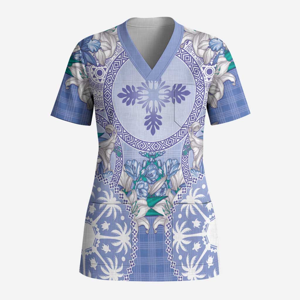 Hawaii Violet Palaka Scrub Top With Tapa Pattern Tropical Flowers - Polynesian Pride