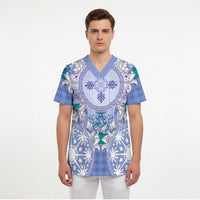 Hawaii Violet Palaka Scrub Top With Tapa Pattern Tropical Flowers - Polynesian Pride