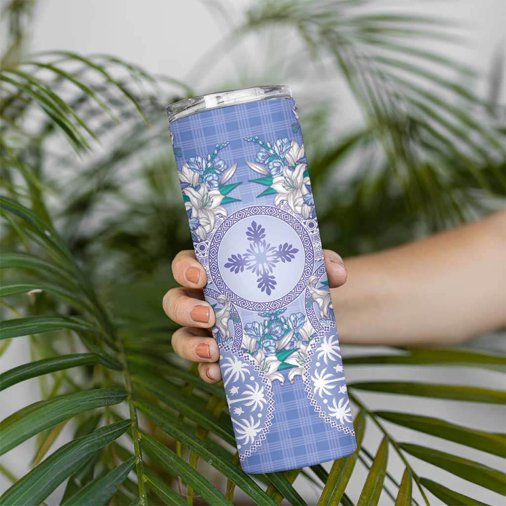 Hawaii Violet Palaka Skinny Tumbler With Tapa Pattern Tropical Flowers - Polynesian Pride