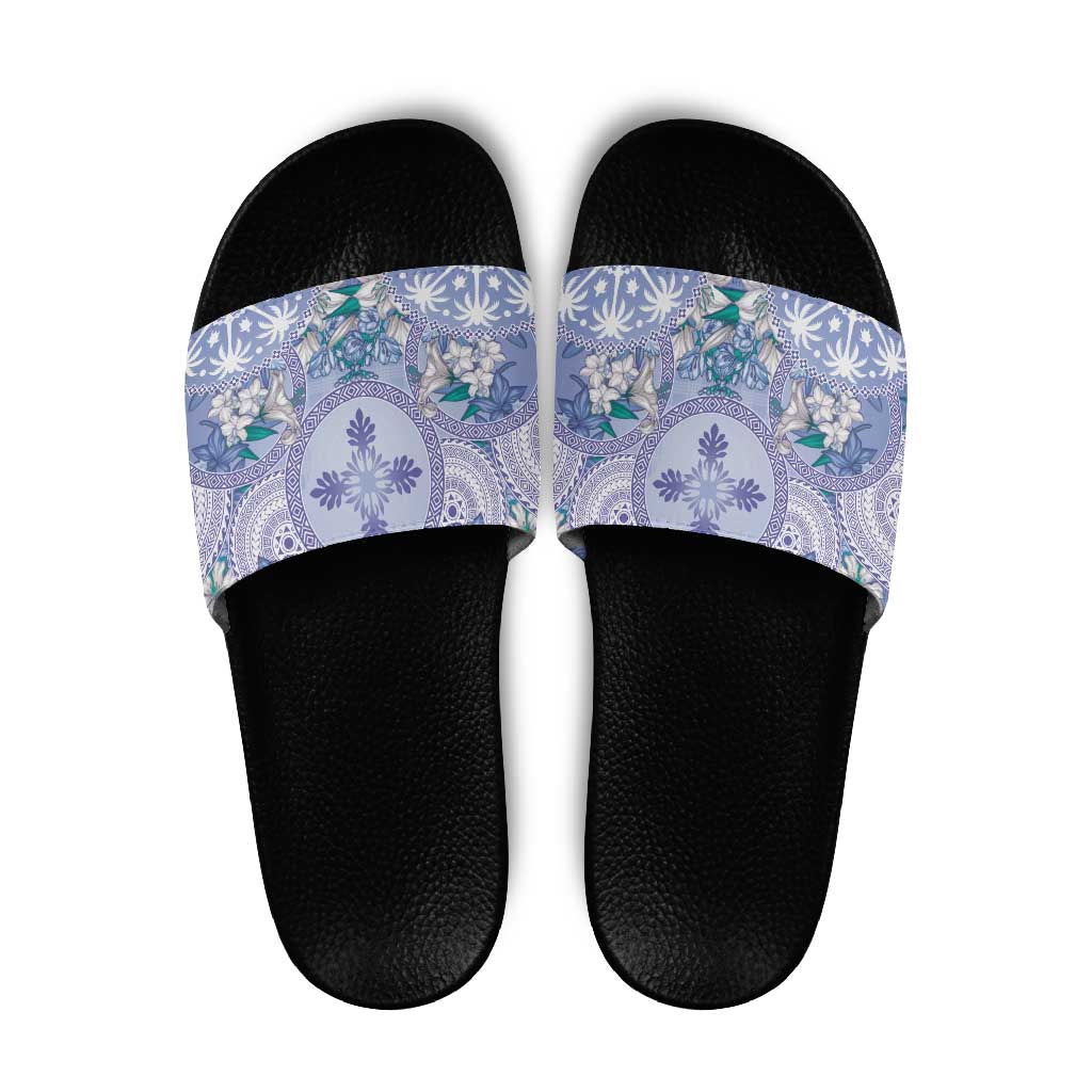 Hawaii Violet Palaka Slide Sandals With Tapa Pattern Tropical Flowers LT05 Violet - Polynesian Pride