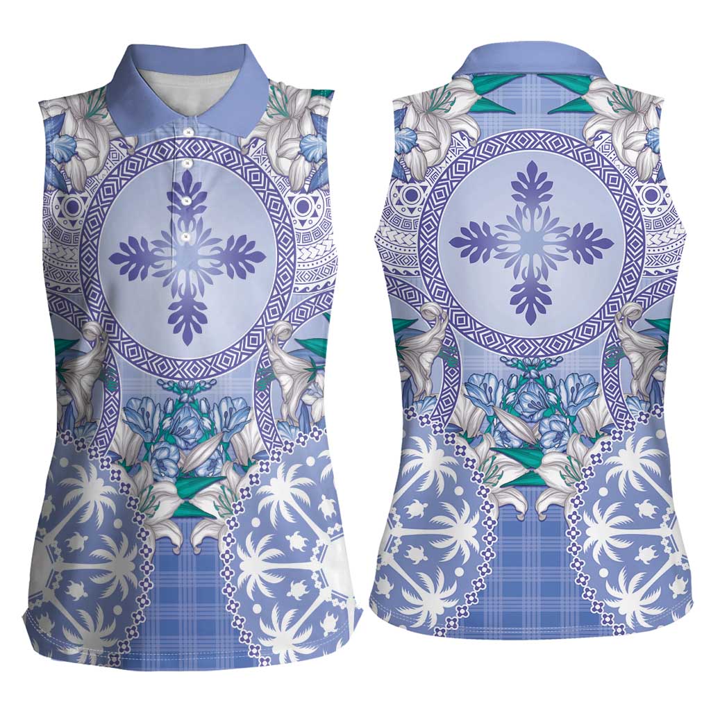 Hawaii Violet Palaka Women Sleeveless Polo Shirt With Tapa Pattern Tropical Flowers - Polynesian Pride