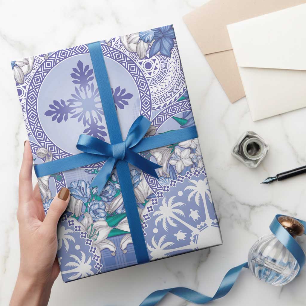 Hawaii Violet Palaka Wrapping Paper With Tapa Pattern Tropical Flowers - Polynesian Pride