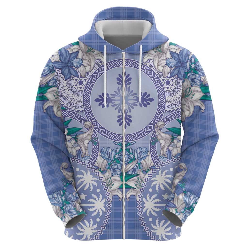 Hawaii Violet Palaka Zip Hoodie With Tapa Pattern Tropical Flowers LT05 - Polynesian Pride