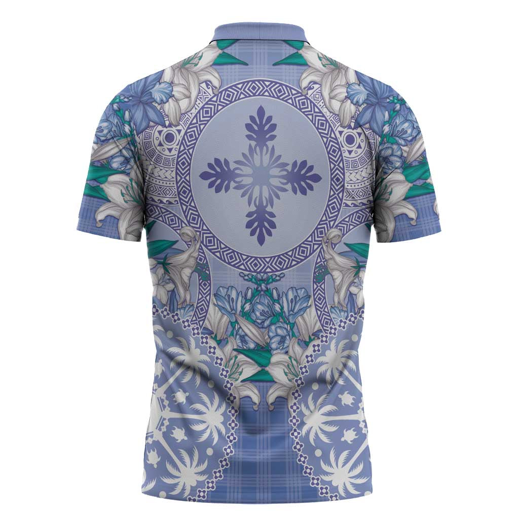 Hawaii Violet Palaka Zipper Polo Shirt With Tapa Pattern Tropical Flowers - Polynesian Pride