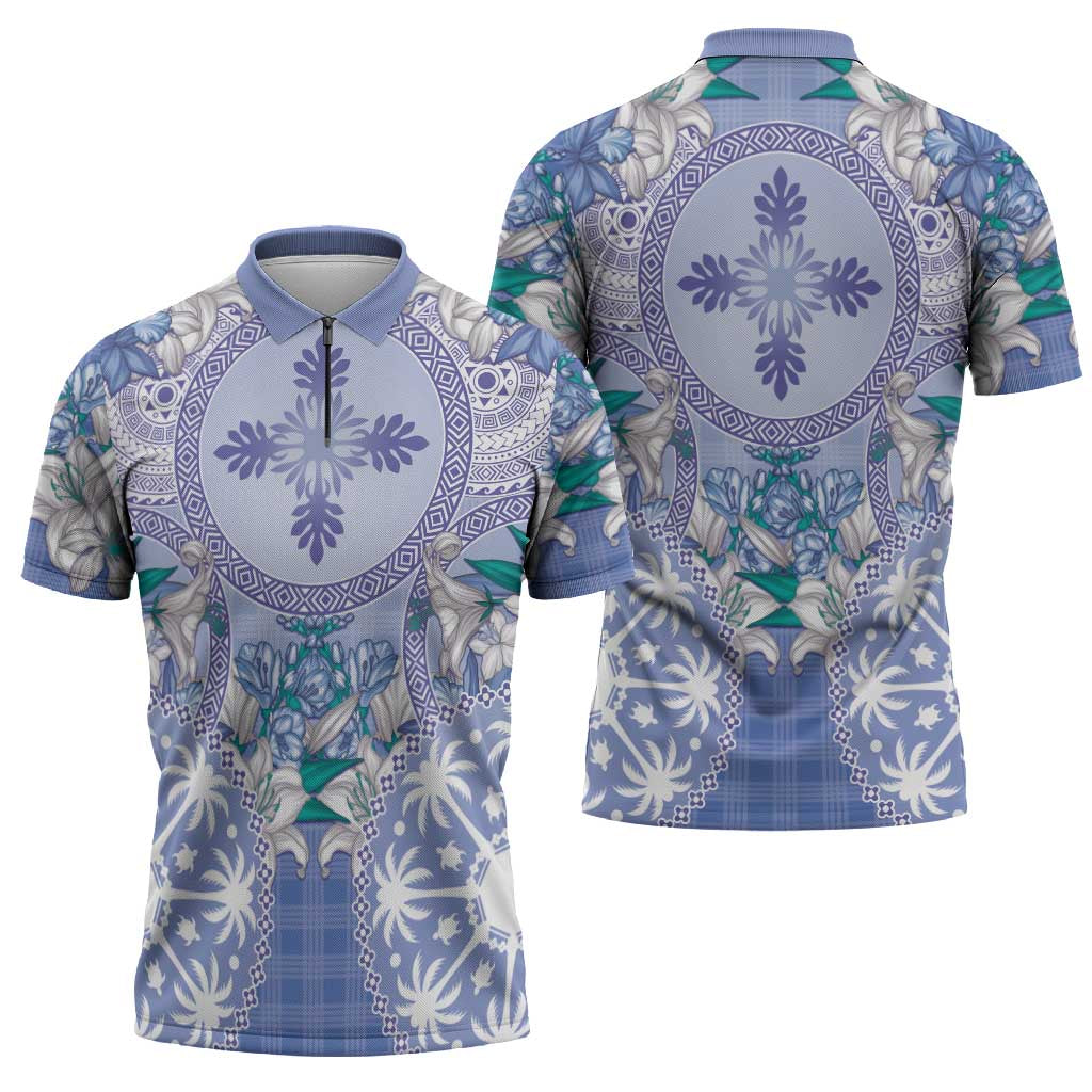Hawaii Violet Palaka Zipper Polo Shirt With Tapa Pattern Tropical Flowers - Polynesian Pride