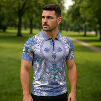 Hawaii Violet Palaka Zipper Polo Shirt With Tapa Pattern Tropical Flowers - Polynesian Pride