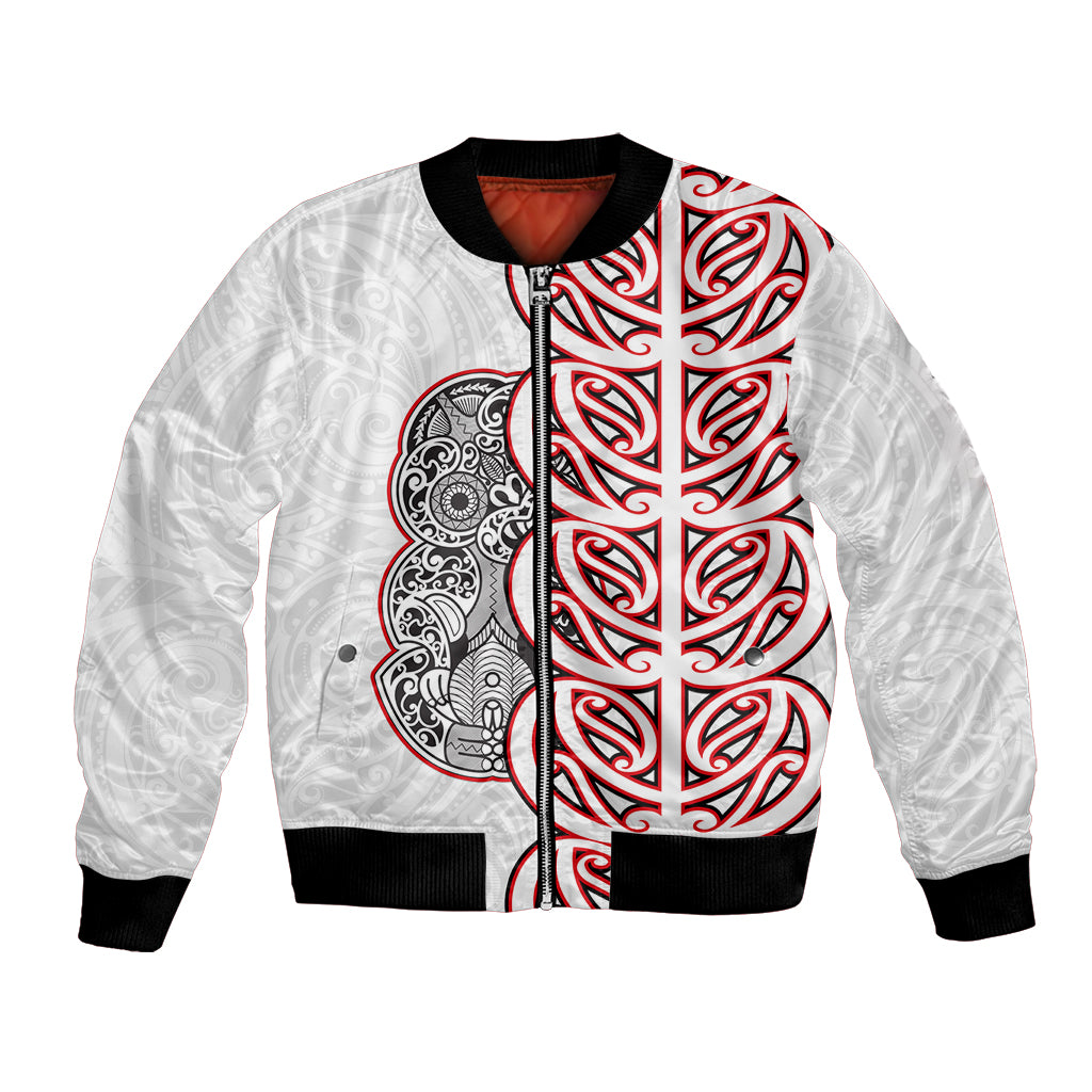 Aotearoa New Zealand Bomber Jacket Maori Marae Pattern Tiki LT05 Unisex White - Polynesian Pride