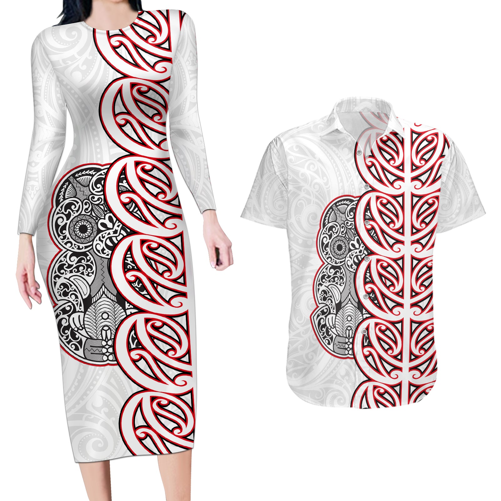 Aotearoa New Zealand Couples Matching Long Sleeve Bodycon Dress and Hawaiian Shirt Maori Marae Pattern Tiki LT05 White - Polynesian Pride