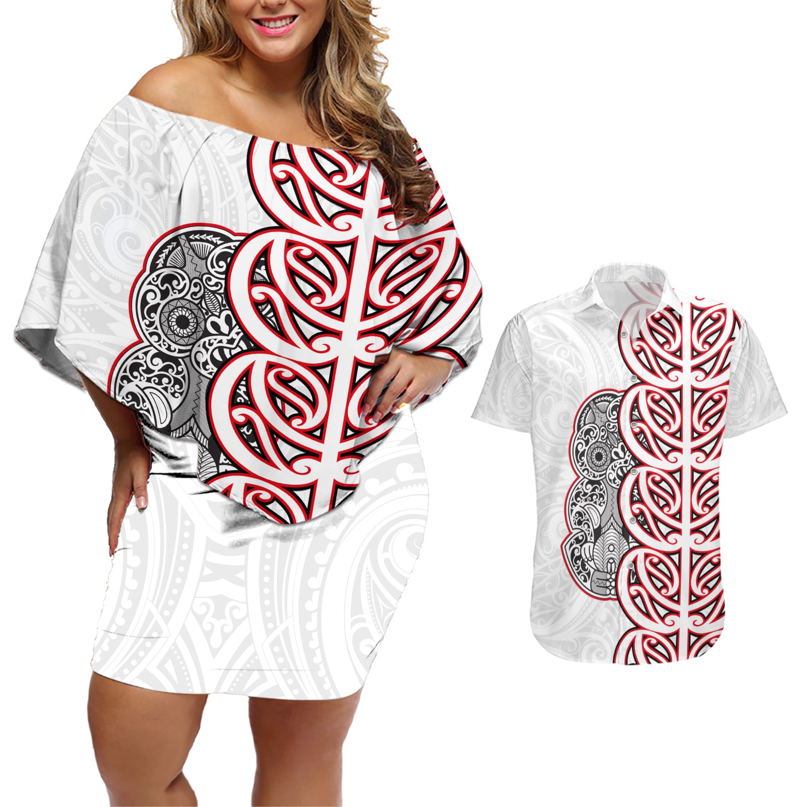 Aotearoa New Zealand Couples Matching Off Shoulder Short Dress and Hawaiian Shirt Maori Marae Pattern Tiki LT05 White - Polynesian Pride