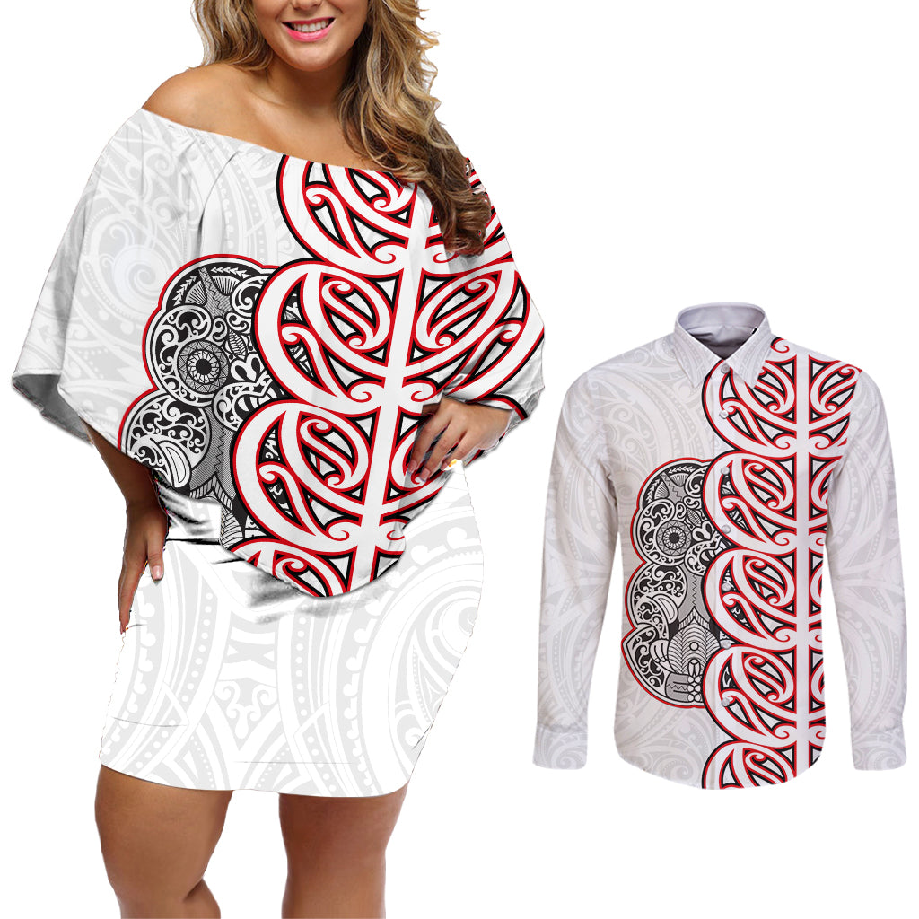 Aotearoa New Zealand Couples Matching Off Shoulder Short Dress and Long Sleeve Button Shirt Maori Marae Pattern Tiki LT05 White - Polynesian Pride