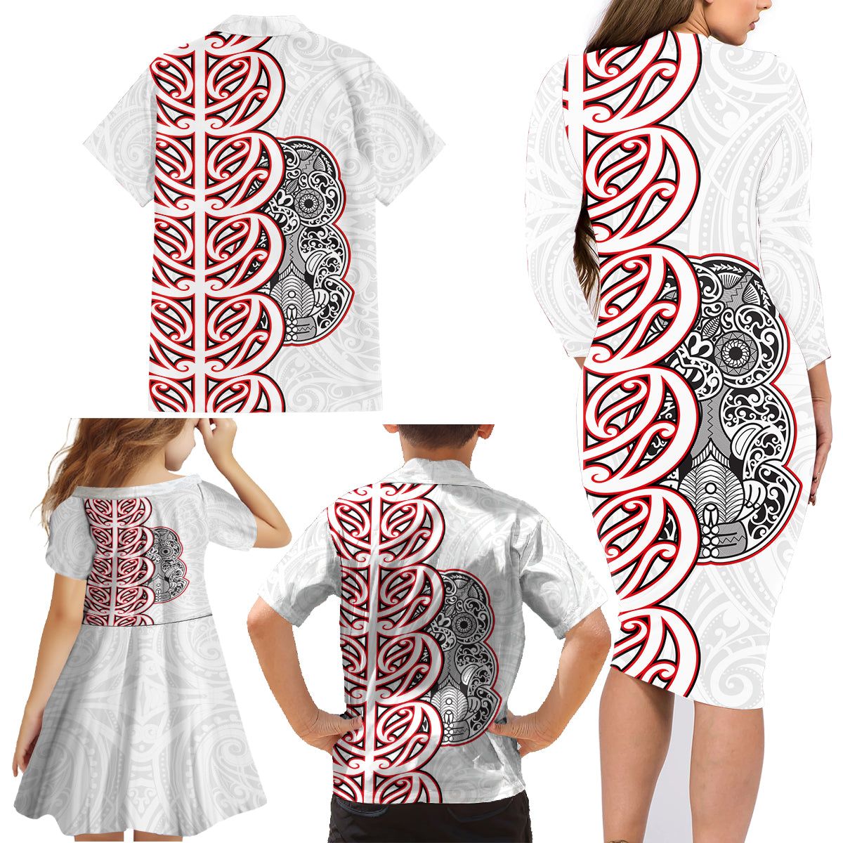 Aotearoa New Zealand Family Matching Long Sleeve Bodycon Dress and Hawaiian Shirt Maori Marae Pattern Tiki LT05 - Polynesian Pride