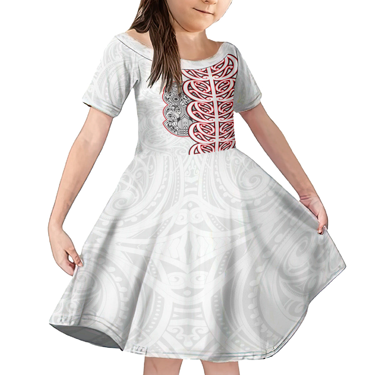 Aotearoa New Zealand Family Matching Off Shoulder Maxi Dress and Hawaiian Shirt Maori Marae Pattern Tiki LT05 Daughter's Dress White - Polynesian Pride