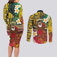 Vanuatu Christmas Couples Matching Long Sleeve Bodycon Dress and Long Sleeve Button Shirt Ni-Van Santa Retro Style - Polynesian Pride