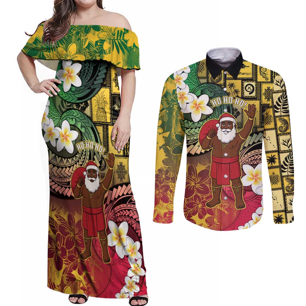 Vanuatu Christmas Couples Matching Off Shoulder Maxi Dress and Long Sleeve Button Shirt Ni-Van Santa Retro Style - Polynesian Pride