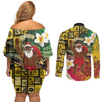 Vanuatu Christmas Couples Matching Off Shoulder Short Dress and Long Sleeve Button Shirt Ni-Van Santa Retro Style - Polynesian Pride