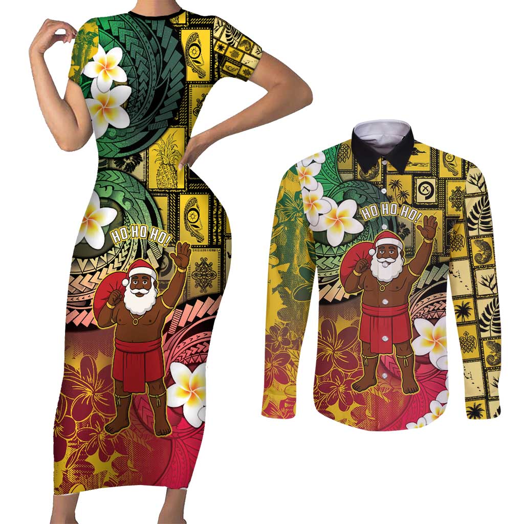 Vanuatu Christmas Couples Matching Short Sleeve Bodycon Dress and Long Sleeve Button Shirt Ni-Van Santa Retro Style - Polynesian Pride