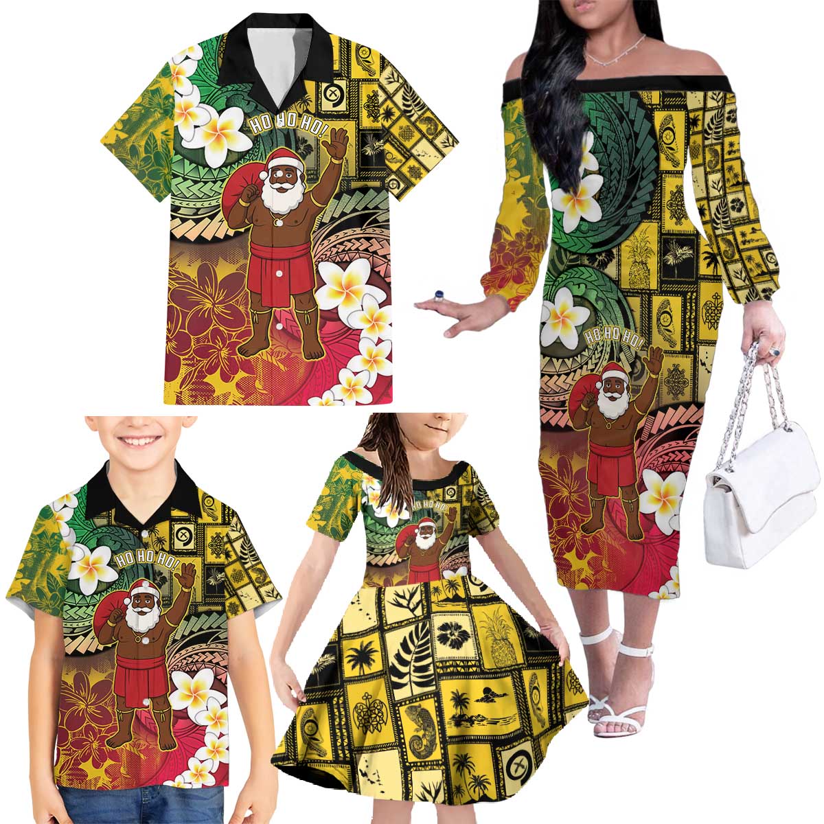 Vanuatu Christmas Family Matching Off The Shoulder Long Sleeve Dress and Hawaiian Shirt Ni-Van Santa Retro Style - Polynesian Pride