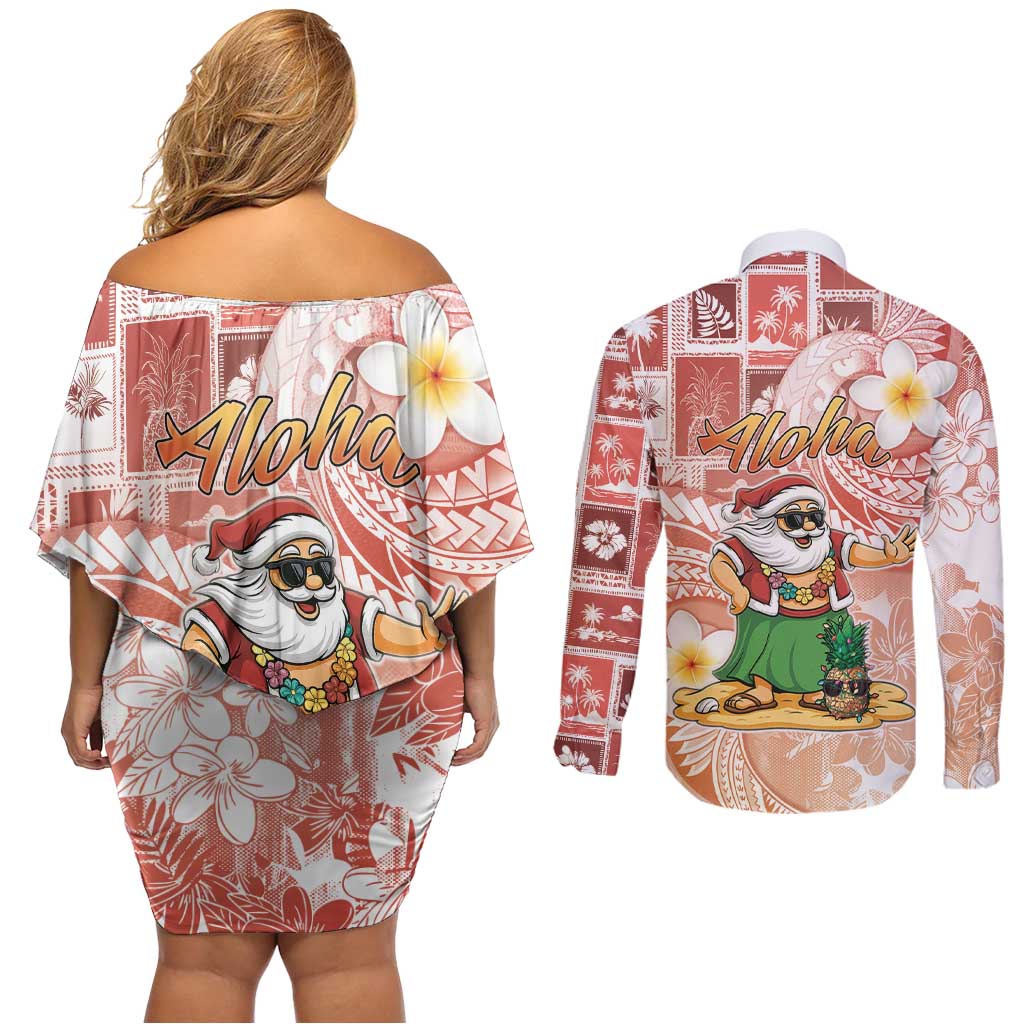 Hawaii Mele Kalikimaka Couples Matching Off Shoulder Short Dress and Long Sleeve Button Shirt Hula Santa Retro Style Red - Polynesian Pride