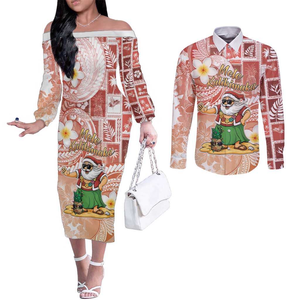 Hawaii Mele Kalikimaka Couples Matching Off The Shoulder Long Sleeve Dress and Long Sleeve Button Shirt Hula Santa Retro Style Red - Polynesian Pride