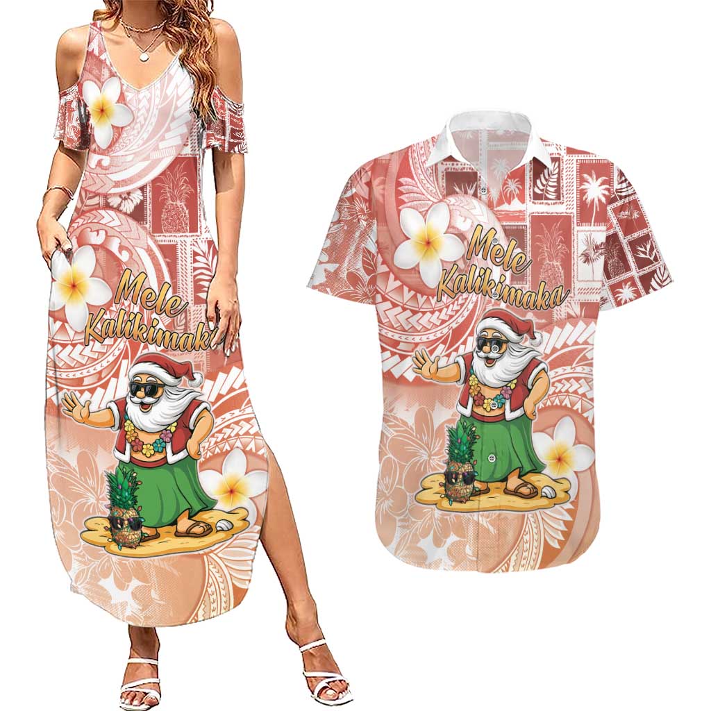 Hawaii Mele Kalikimaka Couples Matching Summer Maxi Dress and Hawaiian Shirt Hula Santa Retro Style Red - Polynesian Pride