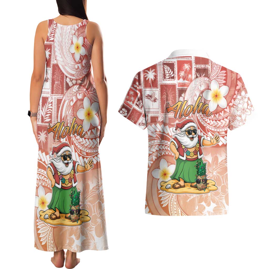 Hawaii Mele Kalikimaka Couples Matching Tank Maxi Dress and Hawaiian Shirt Hula Santa Retro Style Red - Polynesian Pride