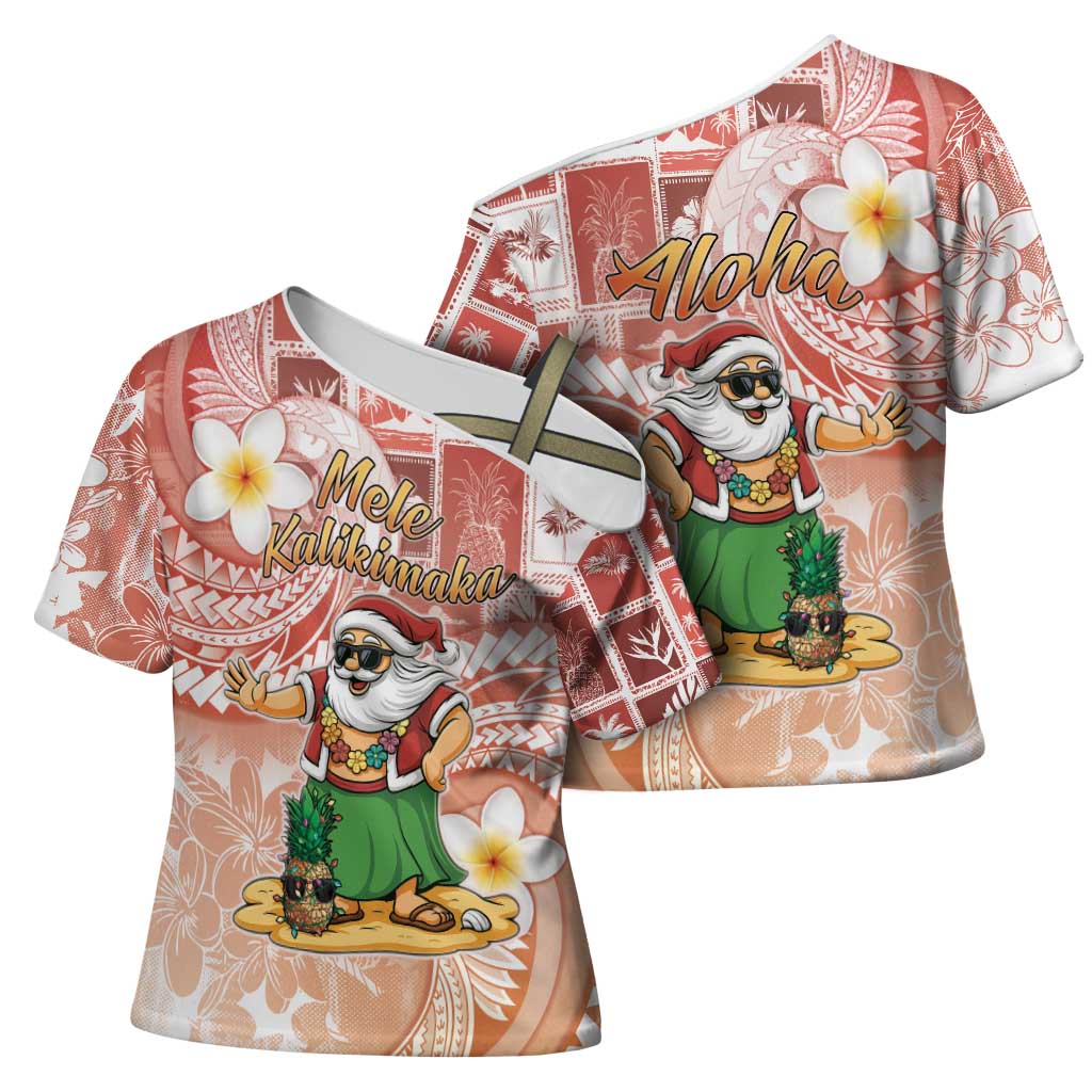 Hawaii Mele Kalikimaka Cross Shoulder Shirt Hula Santa Retro Style Red - Polynesian Pride