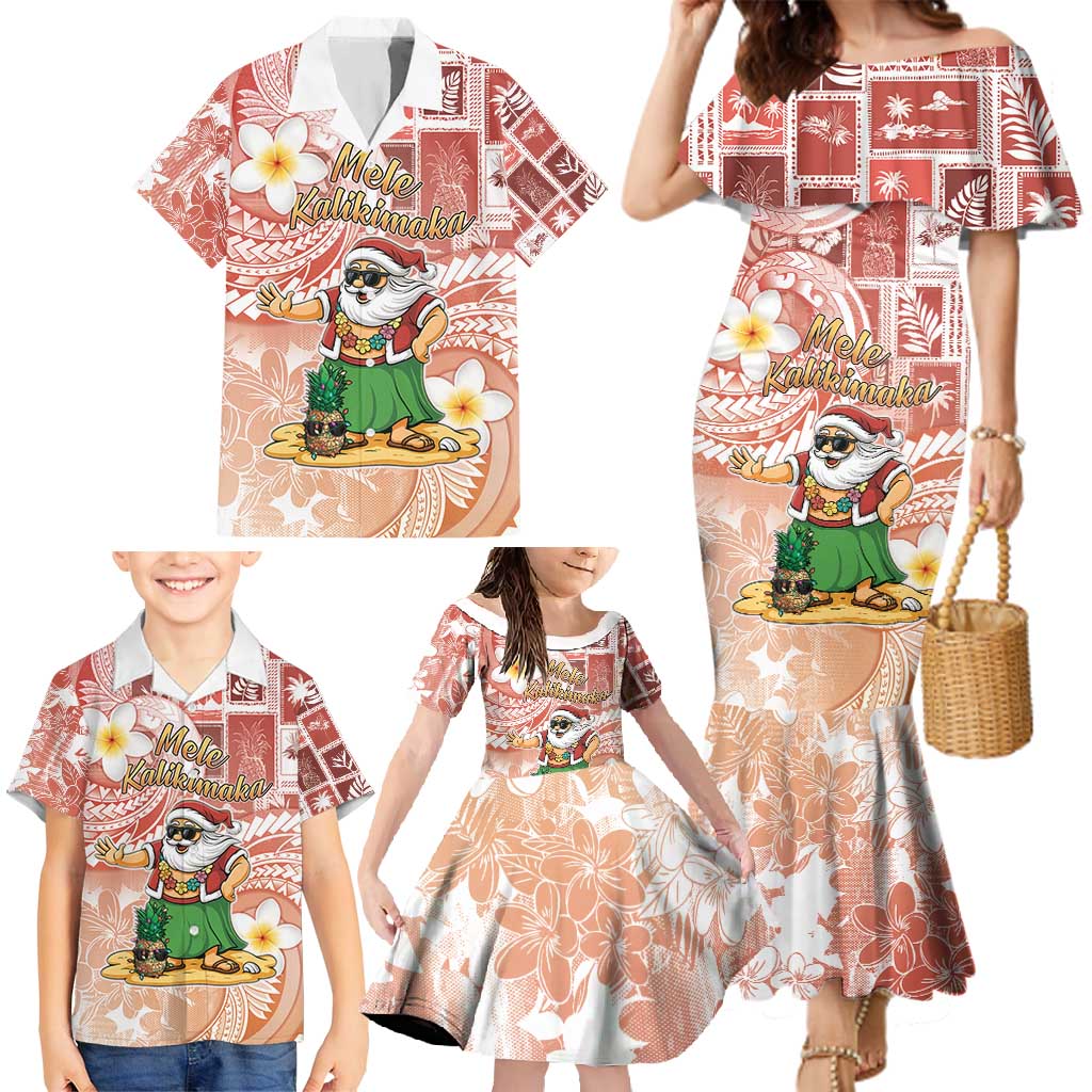 Hawaii Mele Kalikimaka Family Matching Mermaid Dress and Hawaiian Shirt Hula Santa Retro Style Red - Polynesian Pride