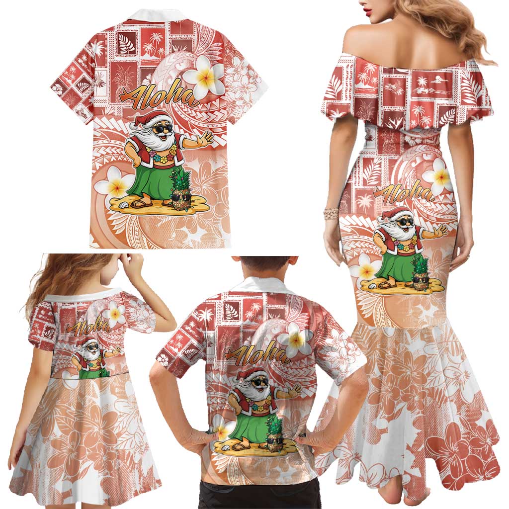 Hawaii Mele Kalikimaka Family Matching Mermaid Dress and Hawaiian Shirt Hula Santa Retro Style Red - Polynesian Pride
