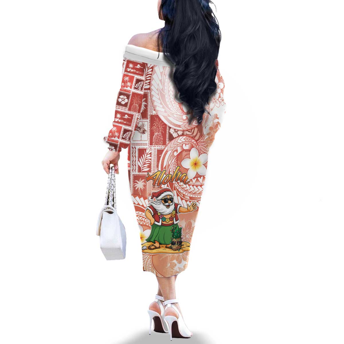 Hawaii Mele Kalikimaka Family Matching Off The Shoulder Long Sleeve Dress and Hawaiian Shirt Hula Santa Retro Style Red - Polynesian Pride