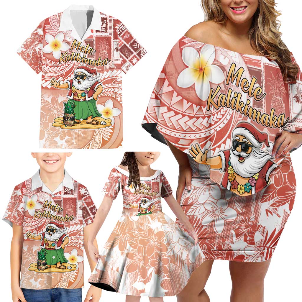 Hawaii Mele Kalikimaka Family Matching Off Shoulder Short Dress and Hawaiian Shirt Hula Santa Retro Style Red - Polynesian Pride