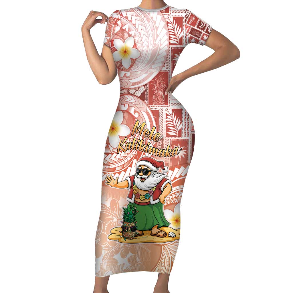 Hawaii Mele Kalikimaka Family Matching Short Sleeve Bodycon Dress and Hawaiian Shirt Hula Santa Retro Style Red - Polynesian Pride