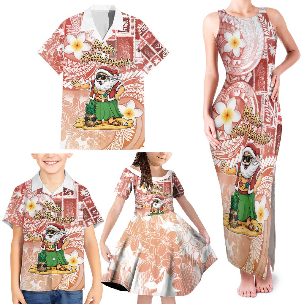 Hawaii Mele Kalikimaka Family Matching Tank Maxi Dress and Hawaiian Shirt Hula Santa Retro Style Red - Polynesian Pride