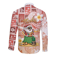 Hawaii Mele Kalikimaka Long Sleeve Button Shirt Hula Santa Retro Style Red - Polynesian Pride