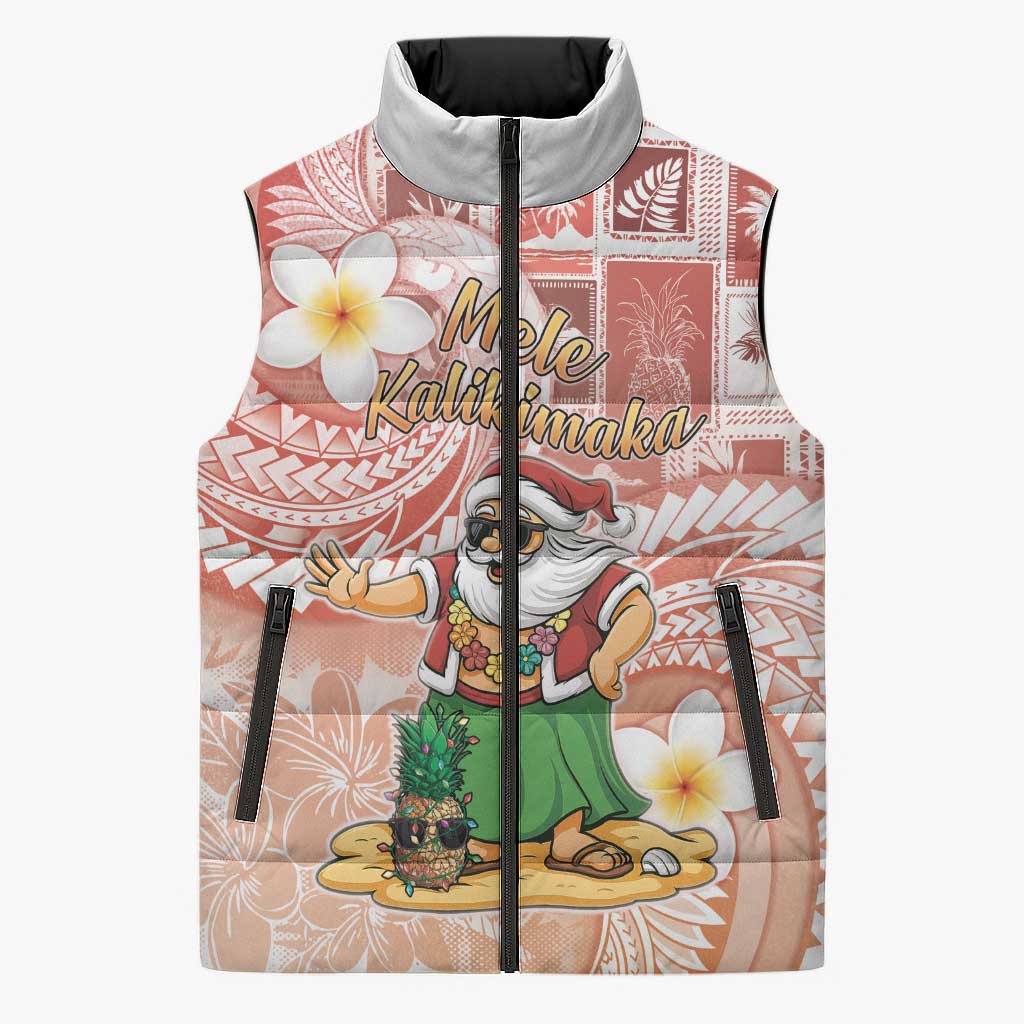 Hawaii Mele Kalikimaka Sleeveless Puffer Jacket Hula Santa Retro Style Red - Polynesian Pride