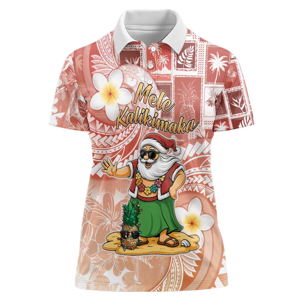 Hawaii Mele Kalikimaka Women Polo Shirt Hula Santa Retro Style Red - Polynesian Pride