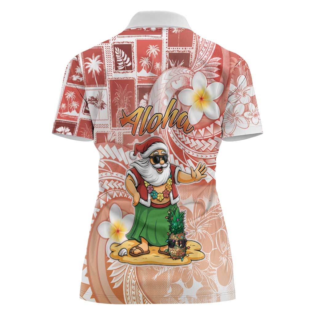 Hawaii Mele Kalikimaka Women Polo Shirt Hula Santa Retro Style Red - Polynesian Pride