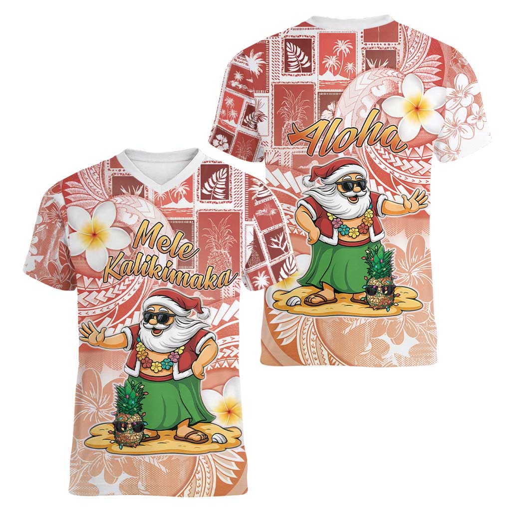 Hawaii Mele Kalikimaka Women V-Neck T-Shirt Hula Santa Retro Style Red - Polynesian Pride