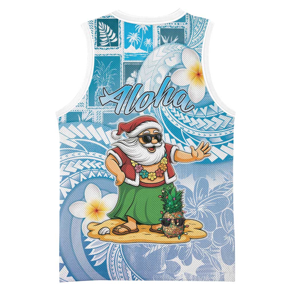 Hawaii Mele Kalikimaka Basketball Jersey Hula Santa Retro Style Blue - Polynesian Pride