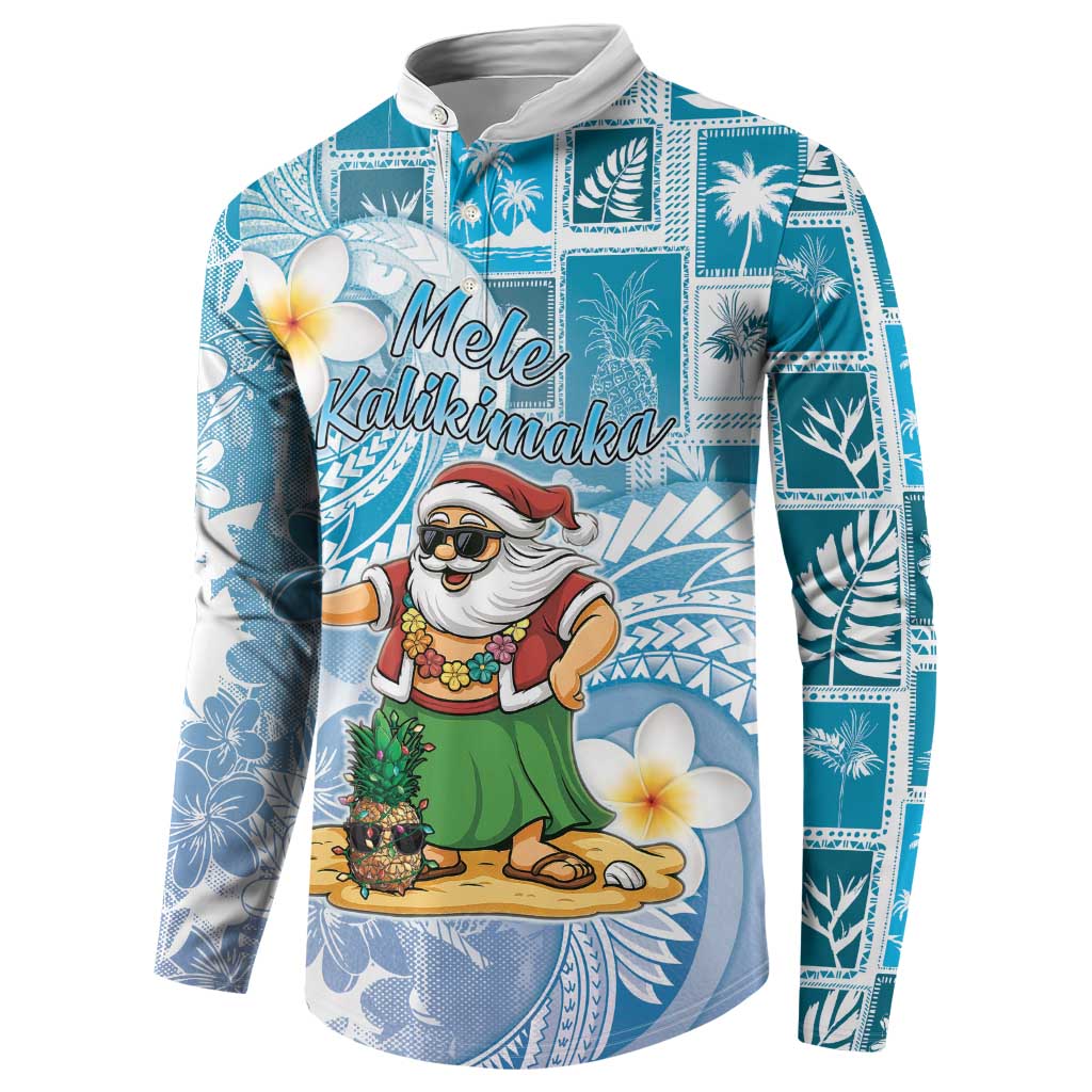 Hawaii Mele Kalikimaka Button Sweatshirt Hula Santa Retro Style Blue - Polynesian Pride